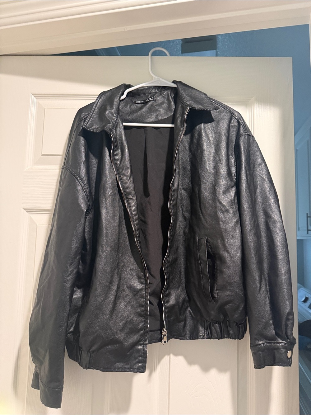 SHEIN Black Faux Leather Bomber Jacket